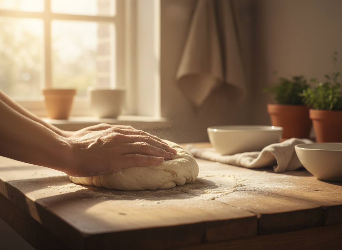 Close-up of hands kneading dough on a flour-dusted wooden surface, warm natural window light, cozy home kitchen atmosphere.