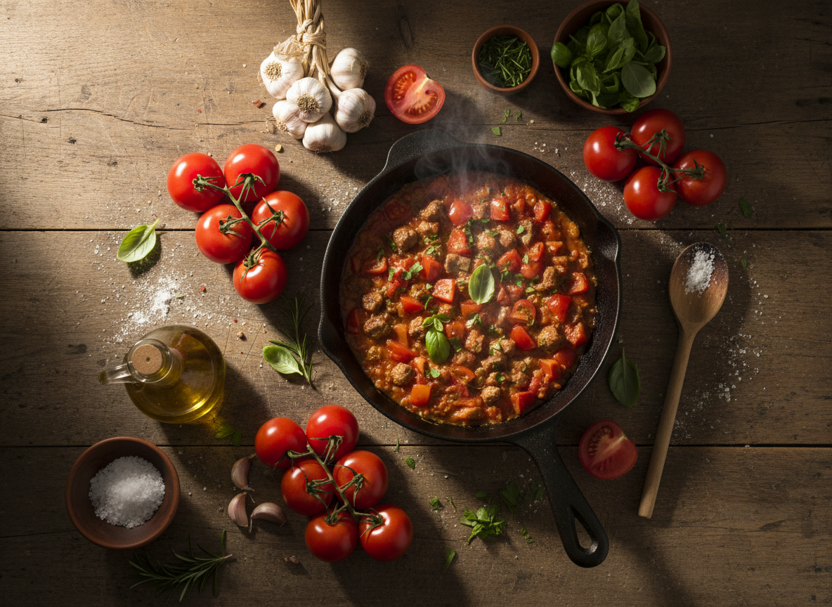 Rich moody overhead shot of a rustic wooden kitchen table filled with fresh cooking ingredients — ripe tomatoes, herbs, garlic, olive oil, a cast iron skillet with a simmering dish, warm golden light. Deep reds, warm oranges, earthy browns, creamy whites.